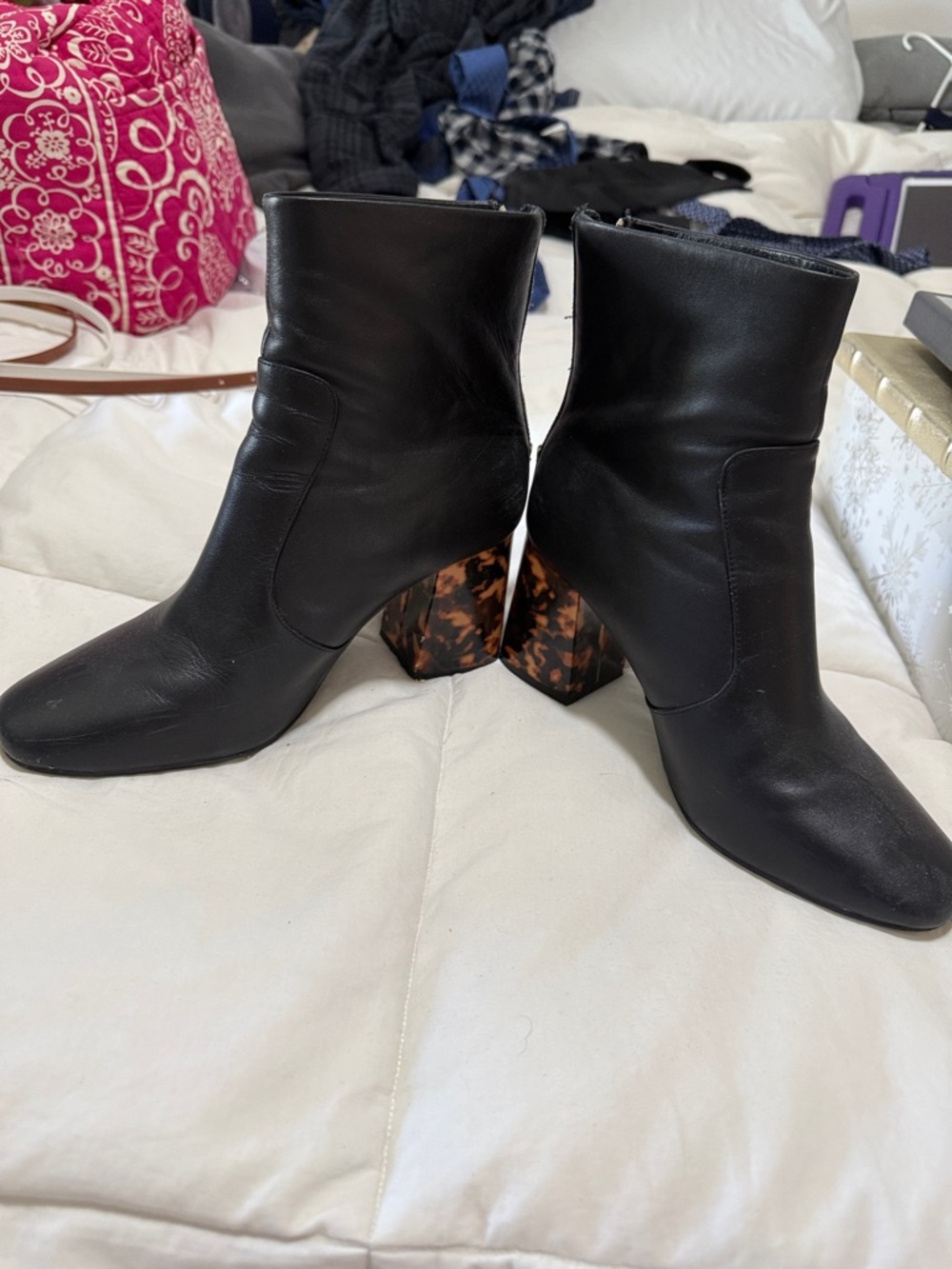 Sol Sana Black Leather Ankle Boots with Tortoiseshell Block Heel